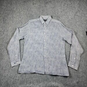 Commune De Paris Shirt Mens Large Blue White Stripe Linen Button Up Long Sleeve